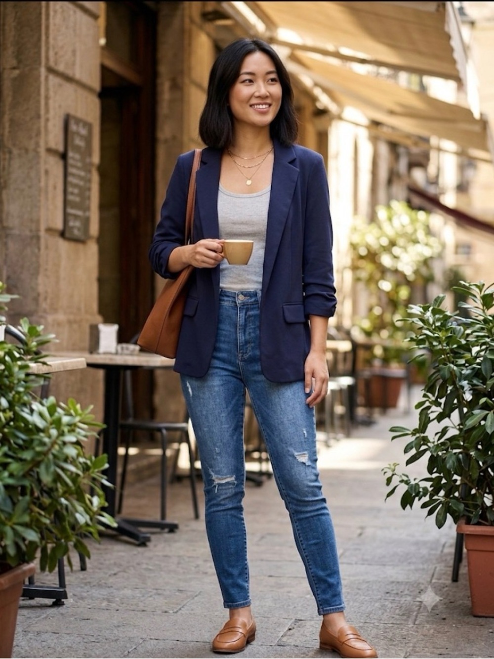 SOHO Apparel Ltd. Navy Blue Ruched-Sleeve Open-Front Blazer